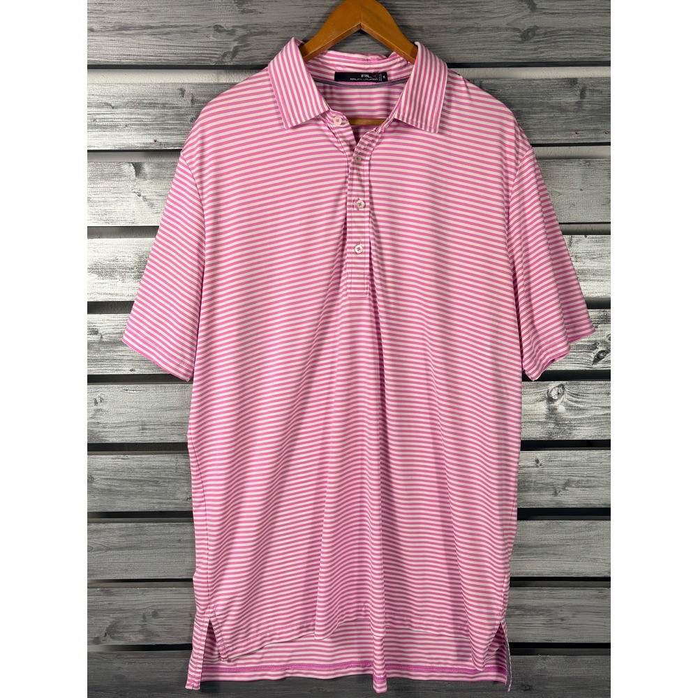 RLX Ralph Lauren Mens XL Pink White Striped Performance Golf Polo Shirt Stretch